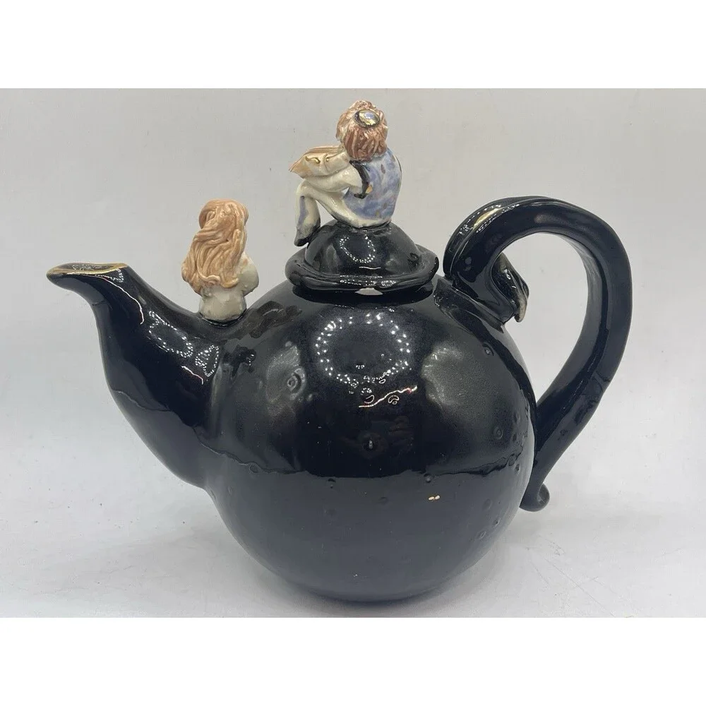 VTG Black Teapot Handpainted Signed O Gold w/ Ceramic Figures Boy Violin Cat +